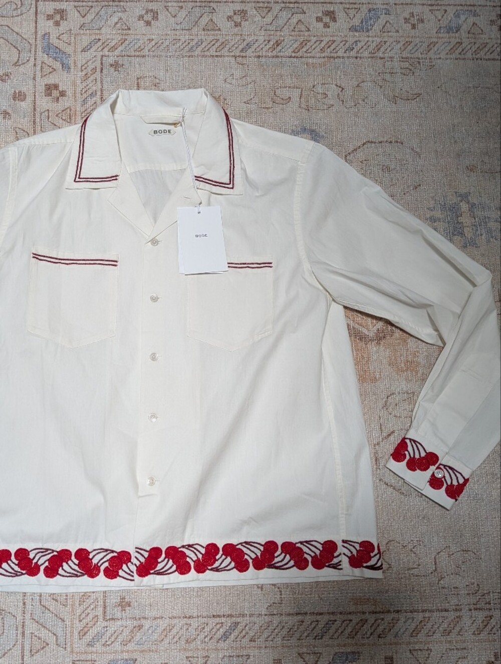 Bode Cherry Lane Beaded Shirt Medium Mens Red Embroidered Trim